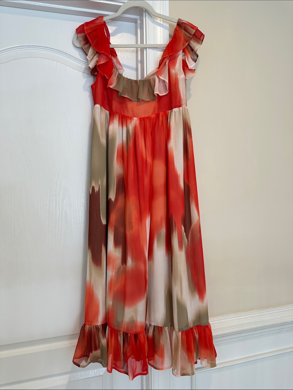 Banana Republic Red and Beige Watercolor Ruffle Maxi Dress
